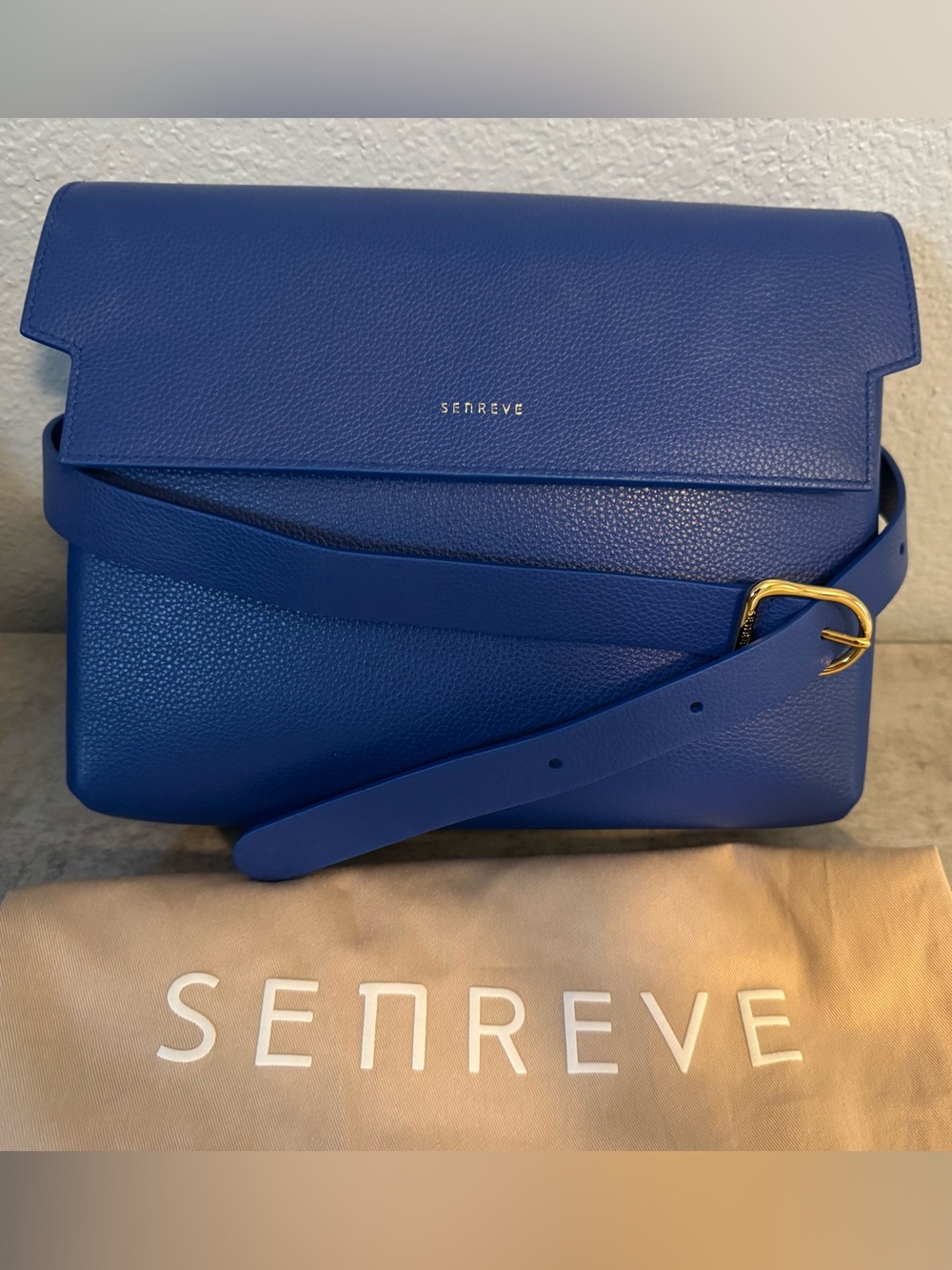 Senreve Azure Leather Satchel with Gold Buckle
